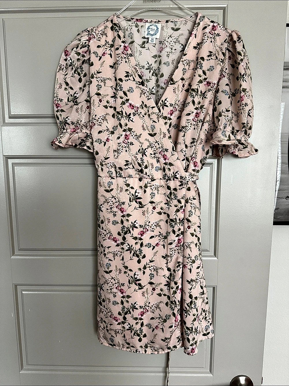 Blue Rain Floral Wrap Mini Dress, Medium